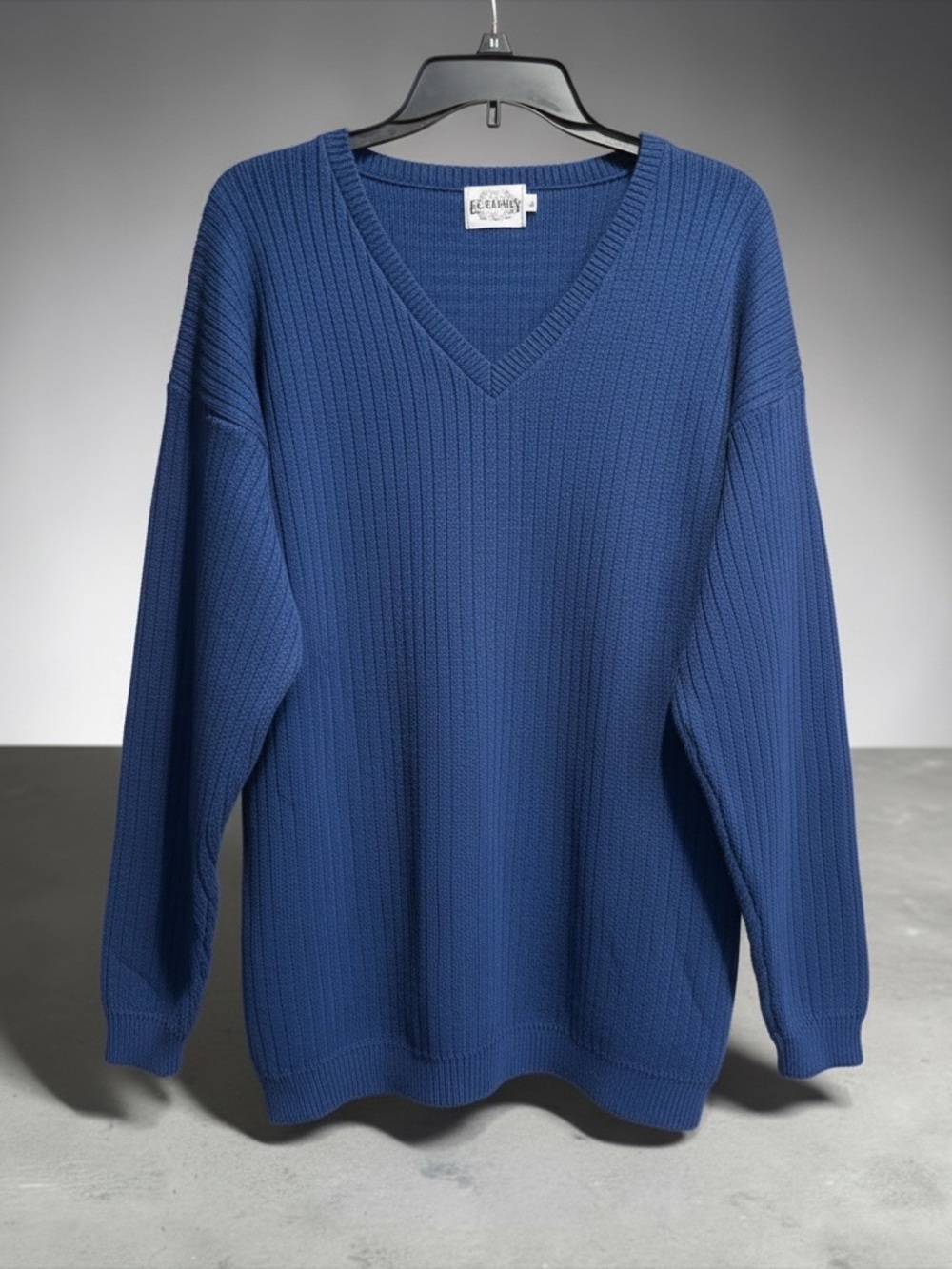 Ecology Navy Blue V-Neck Mens Cotton Sweater Size L Made in USA
